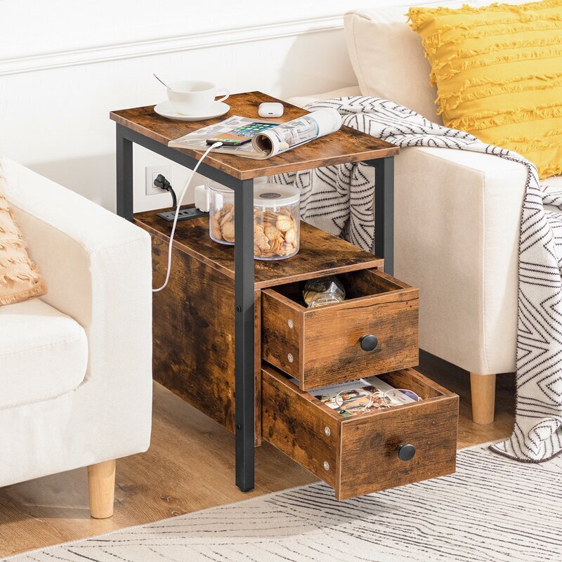 Narrow Side Table with Drawers and Built in Outlet
