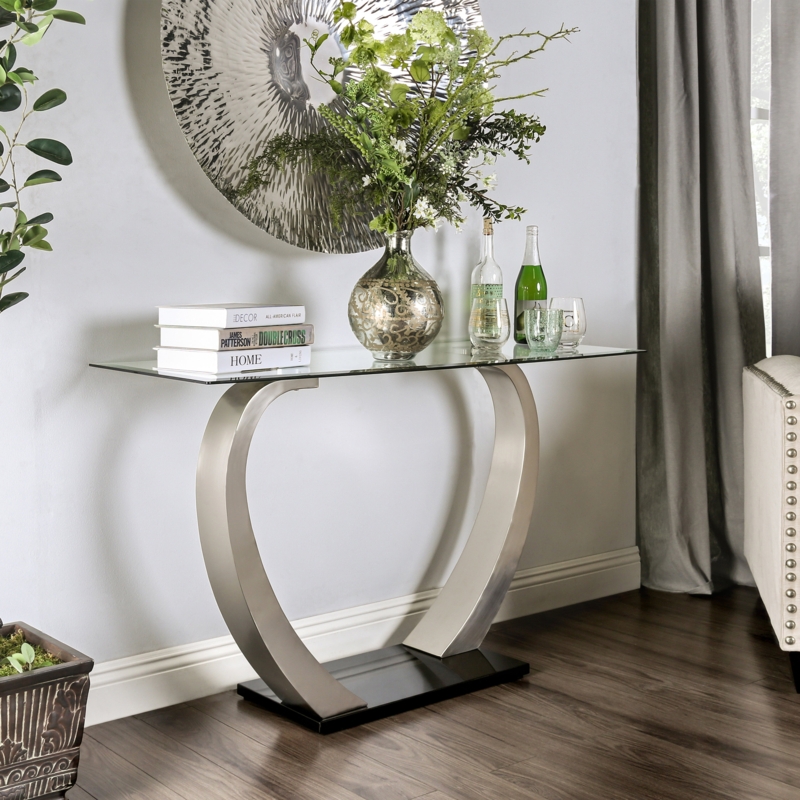 Contemporary Glass Console Table with Curved Base