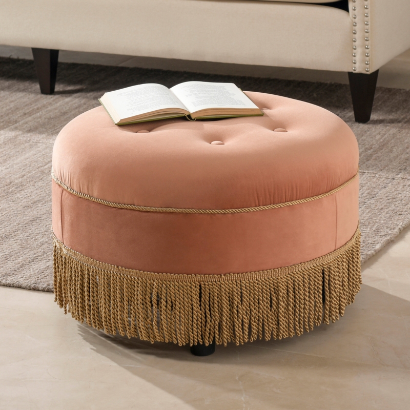 Traditional Hand-Tufted Ottoman with Fringe