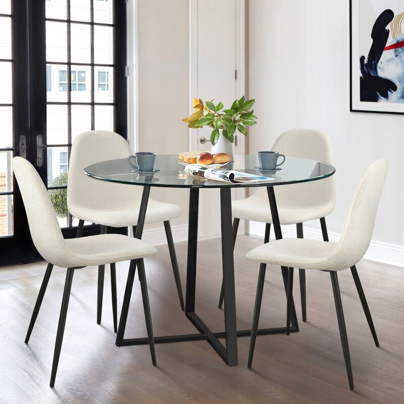 Neutral style round glass dining table set for 4