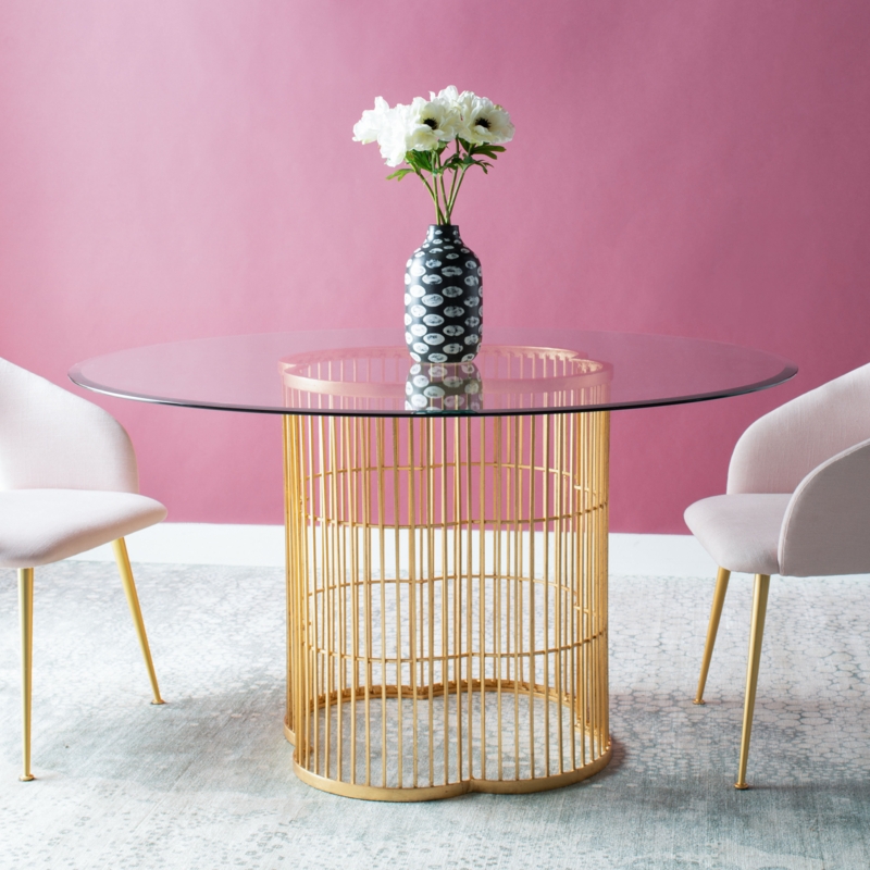 Glass Dining Table with Geometric Gold Base