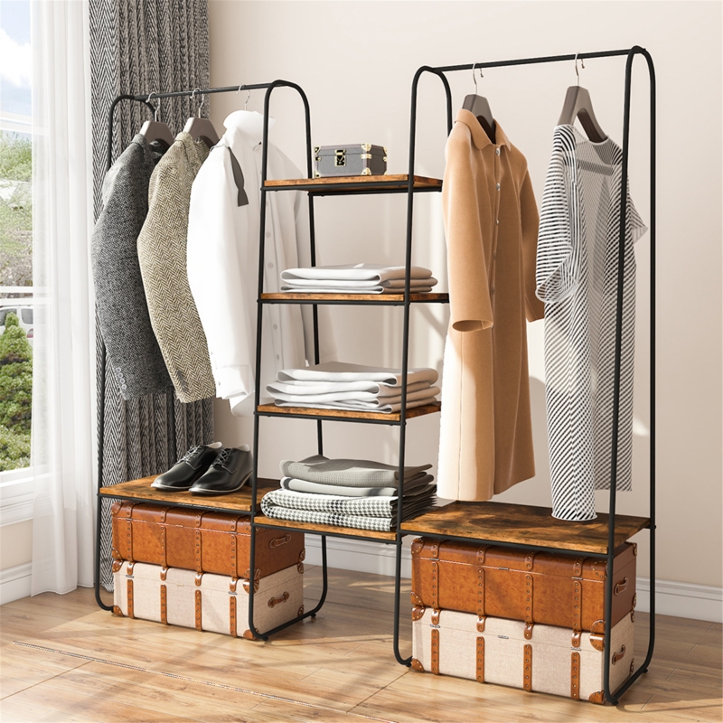 Vintage-Style Clothes Rack with Storage Shelves