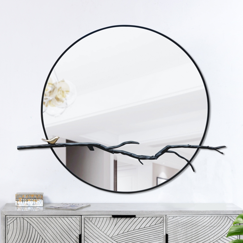 Industrial Metal Wall Mirror with Bird Accent