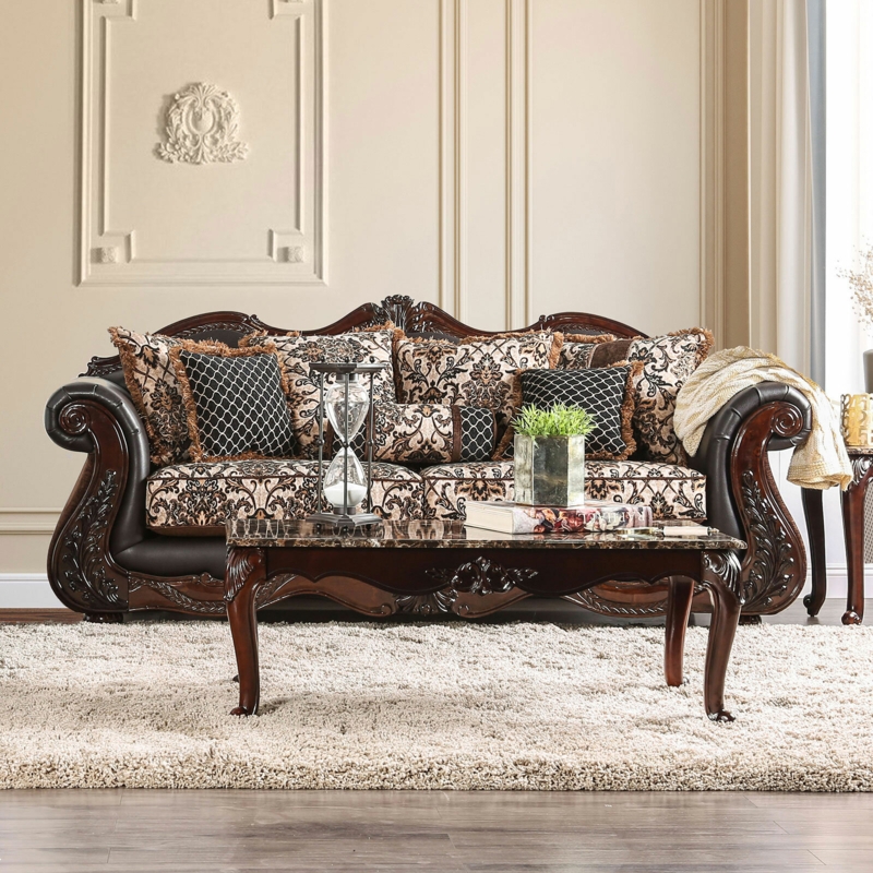 Ornate Sofa with Wooden Trim and Chenille Cushions