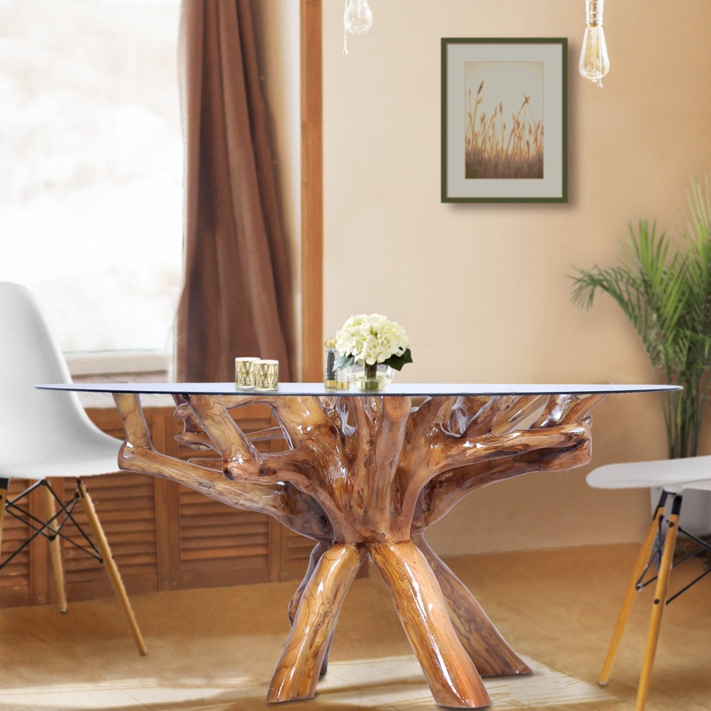 Rustic Teak Root Dining Table with Glass Top