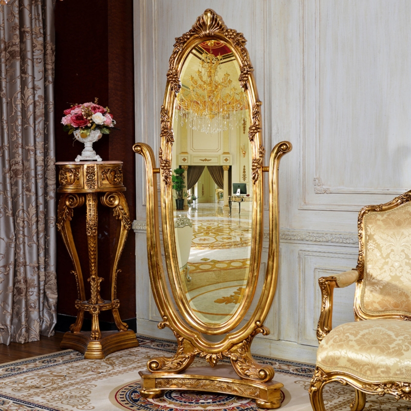 Gold-Framed Standing Mirror with Elegant Inlay