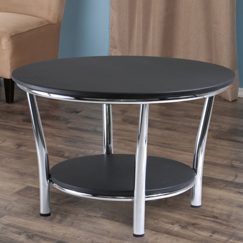 Round Cocktail Table with Steel Frame and Shelf