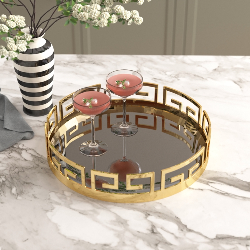 Gold Round Serving Tray with Geometric Pattern
