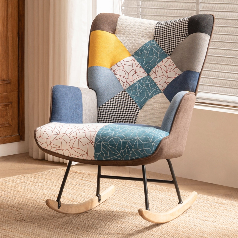 Upholstered Nursery Rocker with Patchwork Fabric