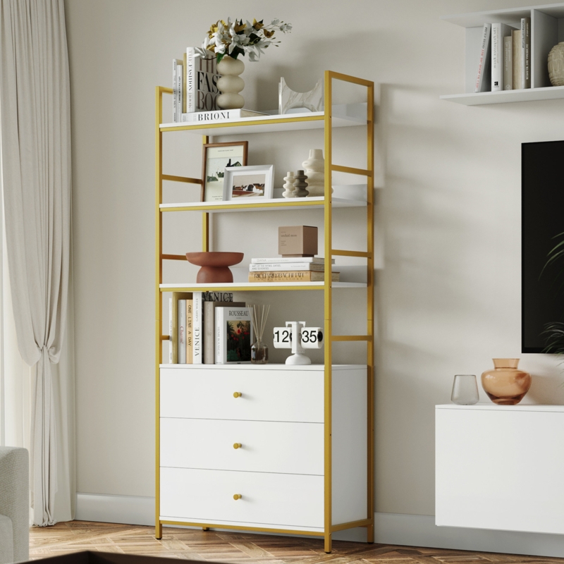 White Gold Bookcase with Drawers and Shelves