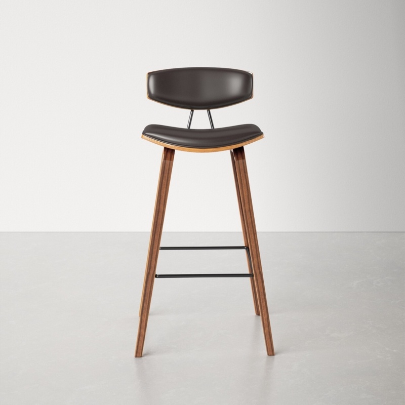 Mid-Century Wooden Barstool with Faux Leather Upholstery