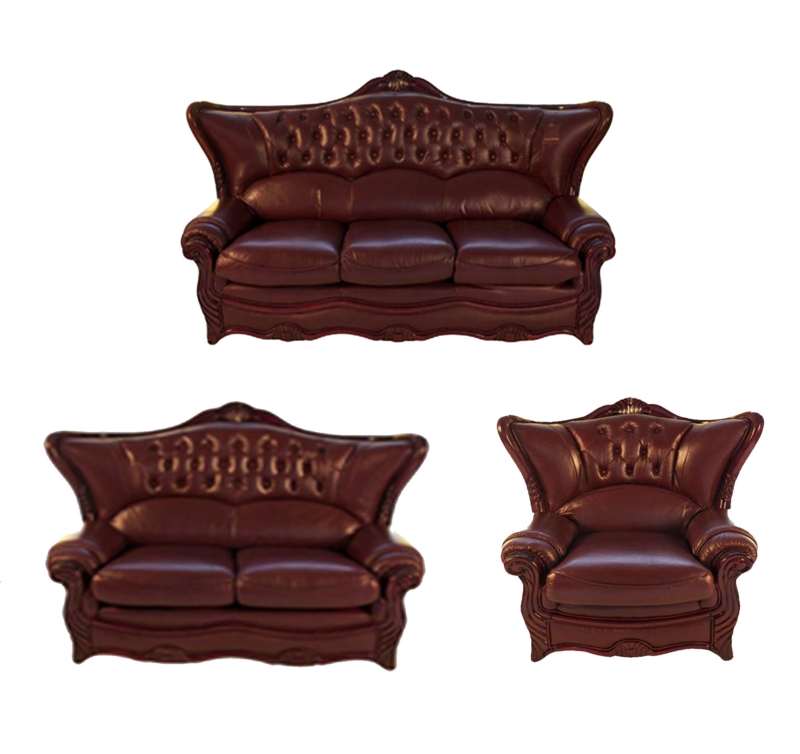 Italian Leather Living Room Set with Carved Wood Accents
