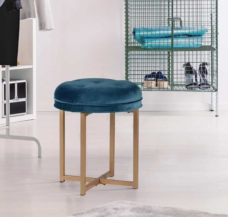 Gold Backless Metal Vanity Stool with Sapphire Blue Seat