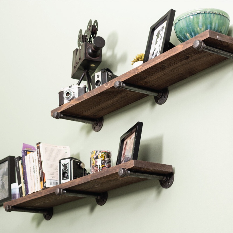Industrial Pipe and Wood Shelf Set