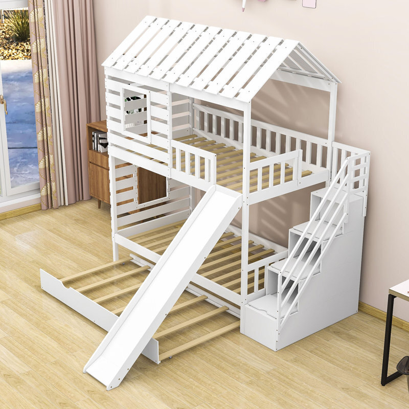 Playhouse Style Bunk Bed With Slide and Stairs