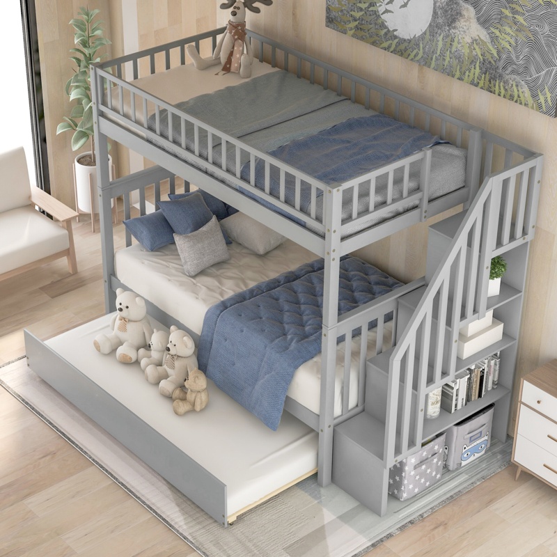 Twin Over Twin Bunk Bed with Stairway and Trundle