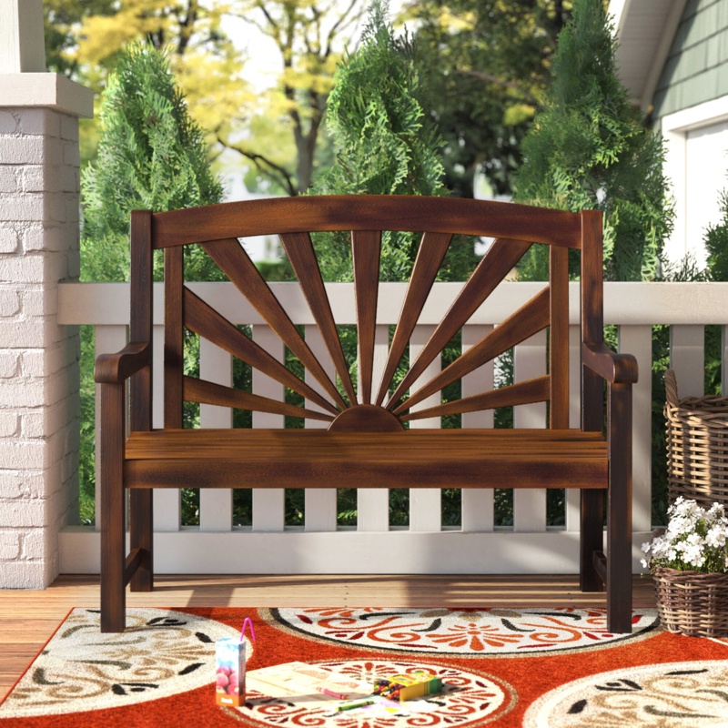 Artful Wooden Garden Bench with Sunburst Design