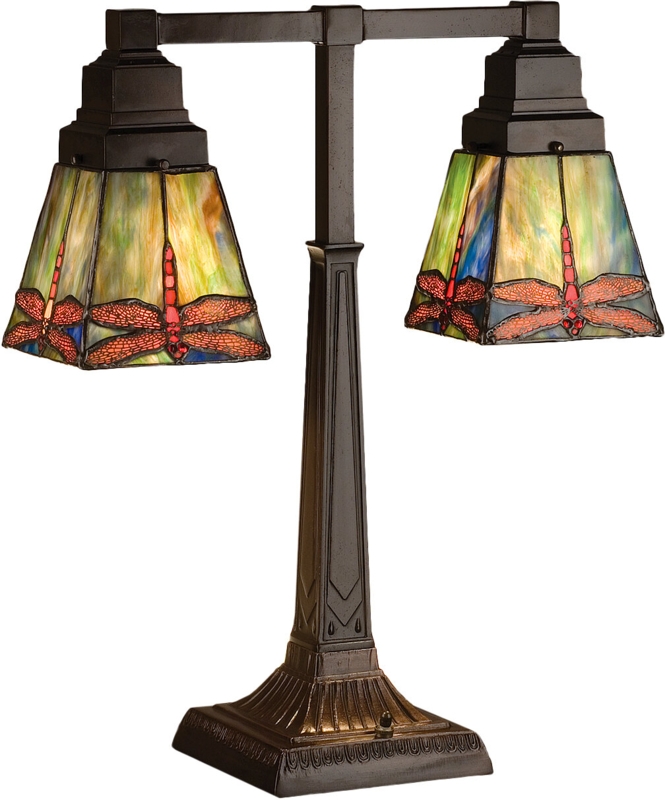 Stained Glass Two-Light Table Lamp with Dragonfly Design