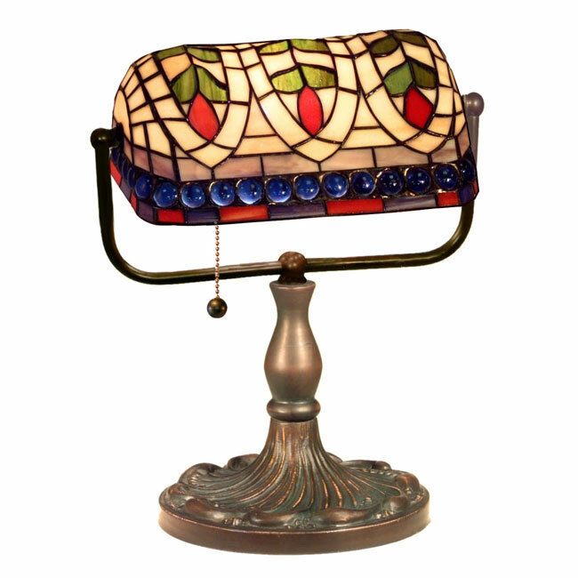 Bankers Table Lamp with Floral Glass Shade