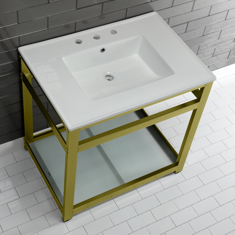 Ceramic Console Sink with Steel Base and Glass Shelf