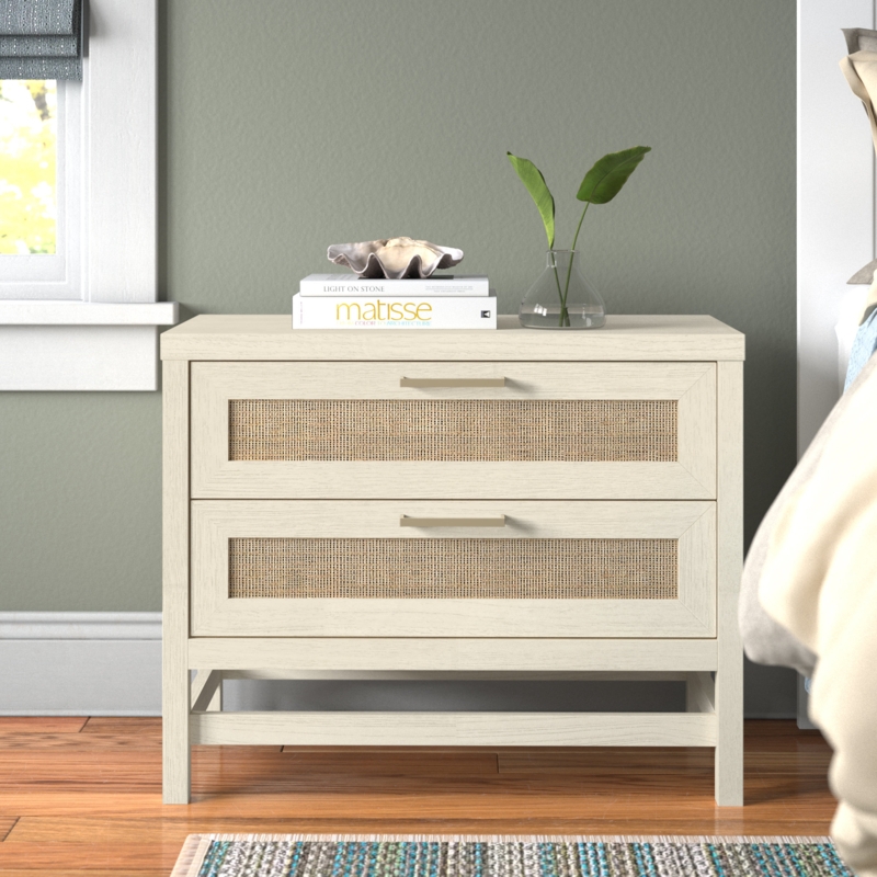 2 Drawer Boho-Chic Nightstand with Faux Rattan Fronts