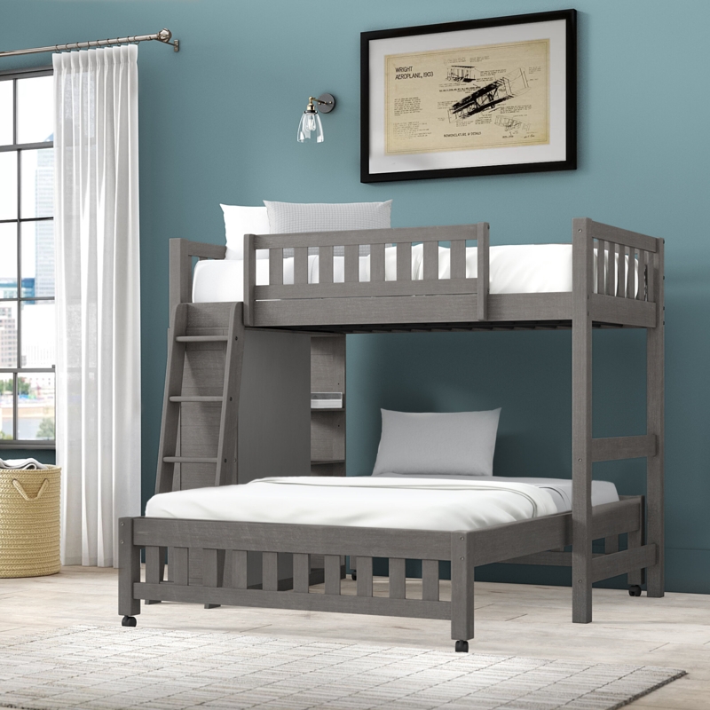 Pine Wood Bunk Bed with Built-In Storage