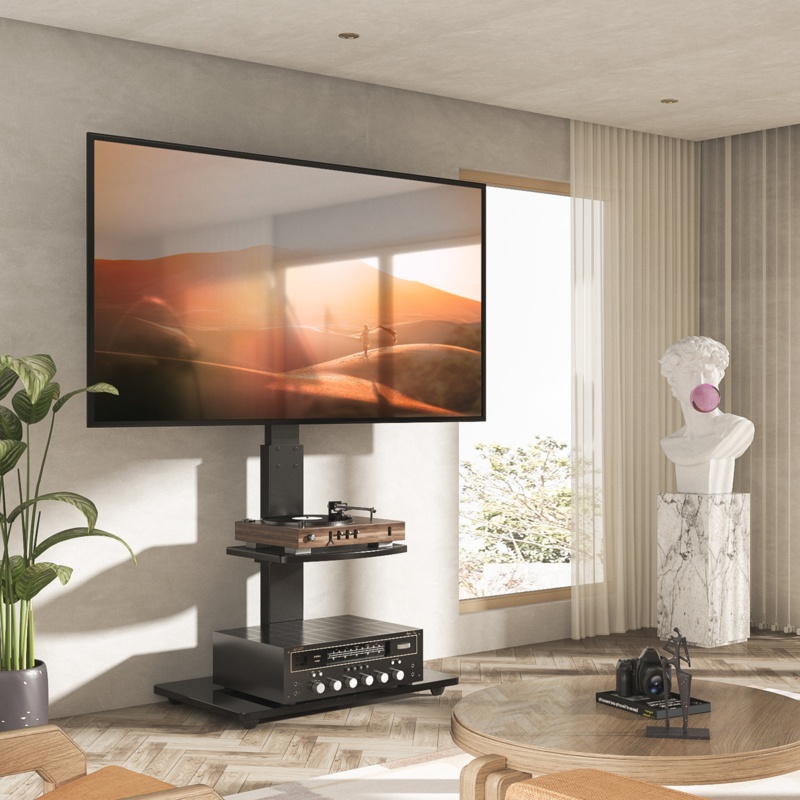 Universal TV Floor Stand with Swivel Mount and Storage Shelves