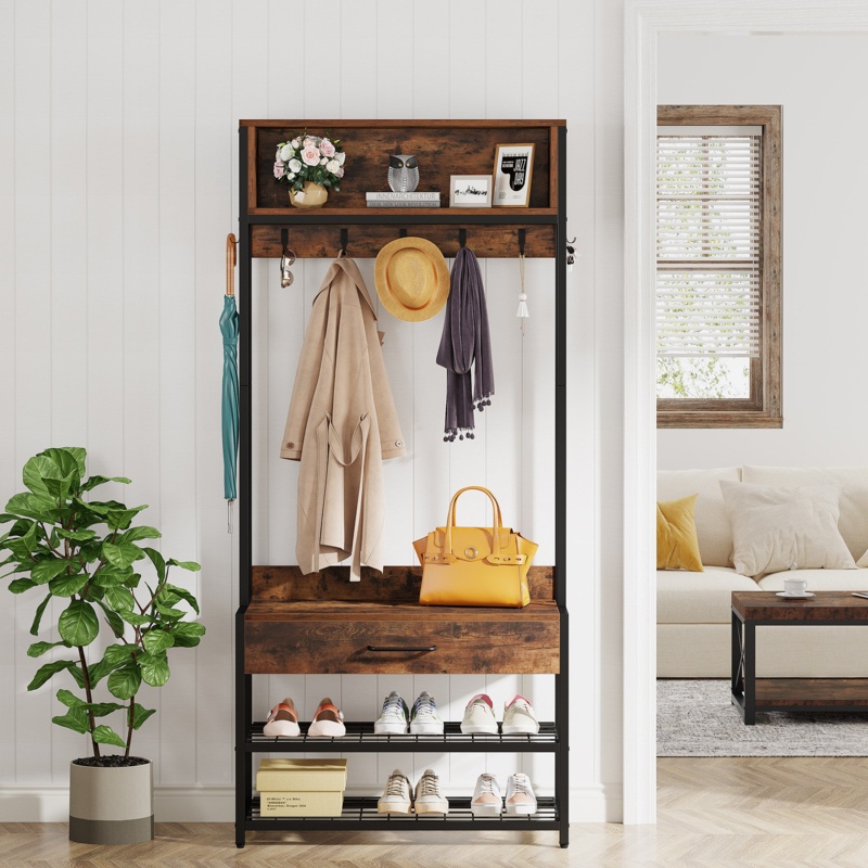 Sit-Down Coat Rack with Storage Bench and Shelf