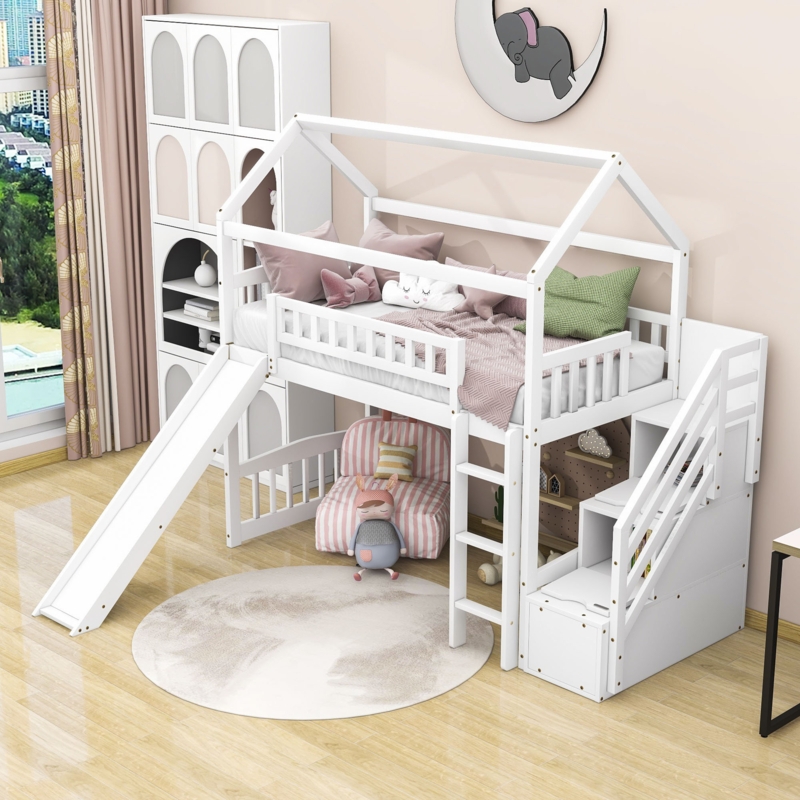 Whimsical Twin Loft Bed with Slide and Storage
