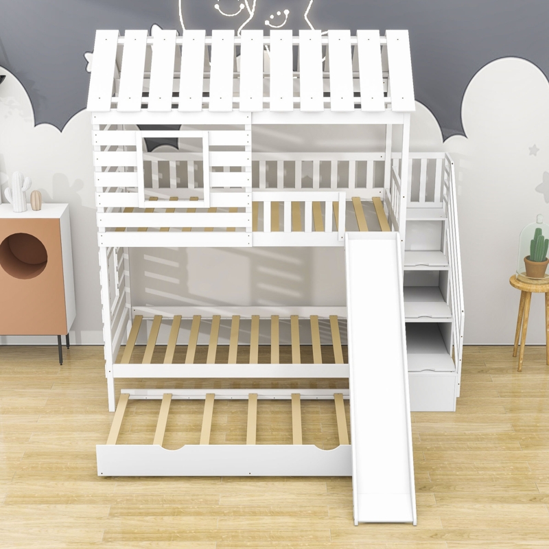 Playhouse Bunk Bed with Trundle and Storage