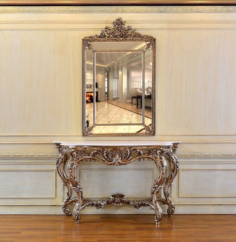Gilded Console Table with Marble Top and Gold Mirror Set