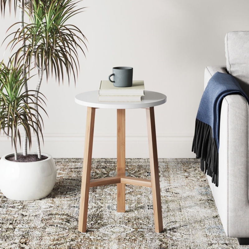 Modern White Side Table with Bamboo Legs