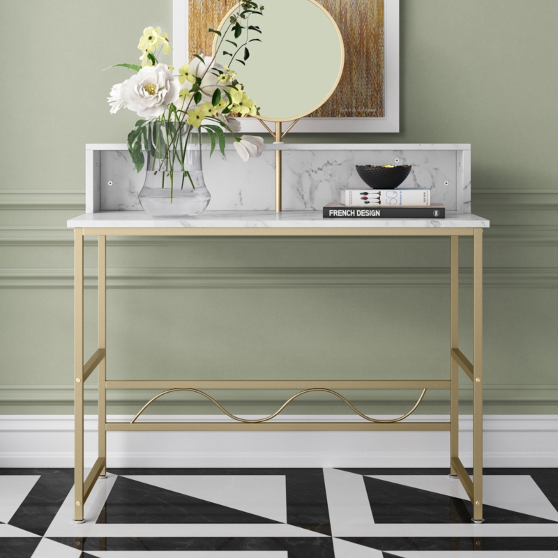 Luxe Vanity Desk with Faux Marble Top and Circular Mirror