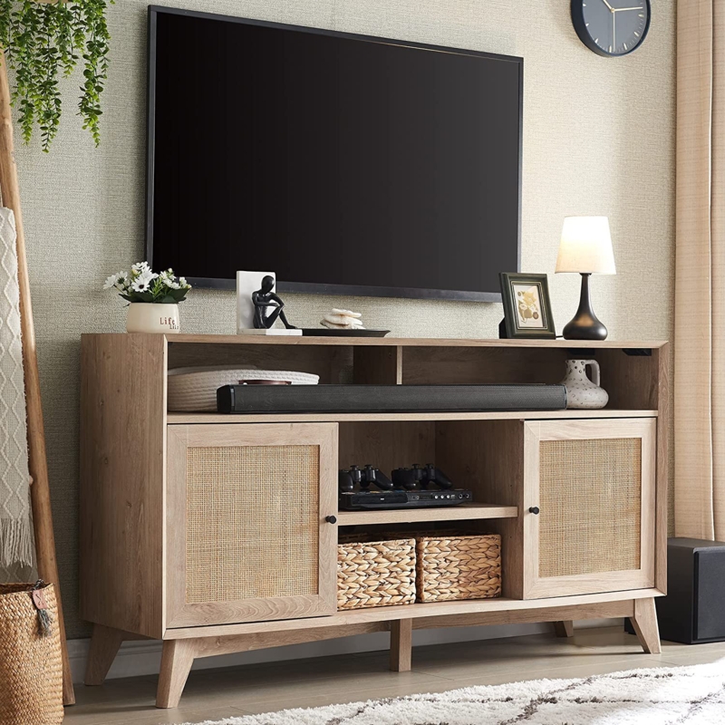 Mid-Century Modern TV Stand with Natural Rattan Decor