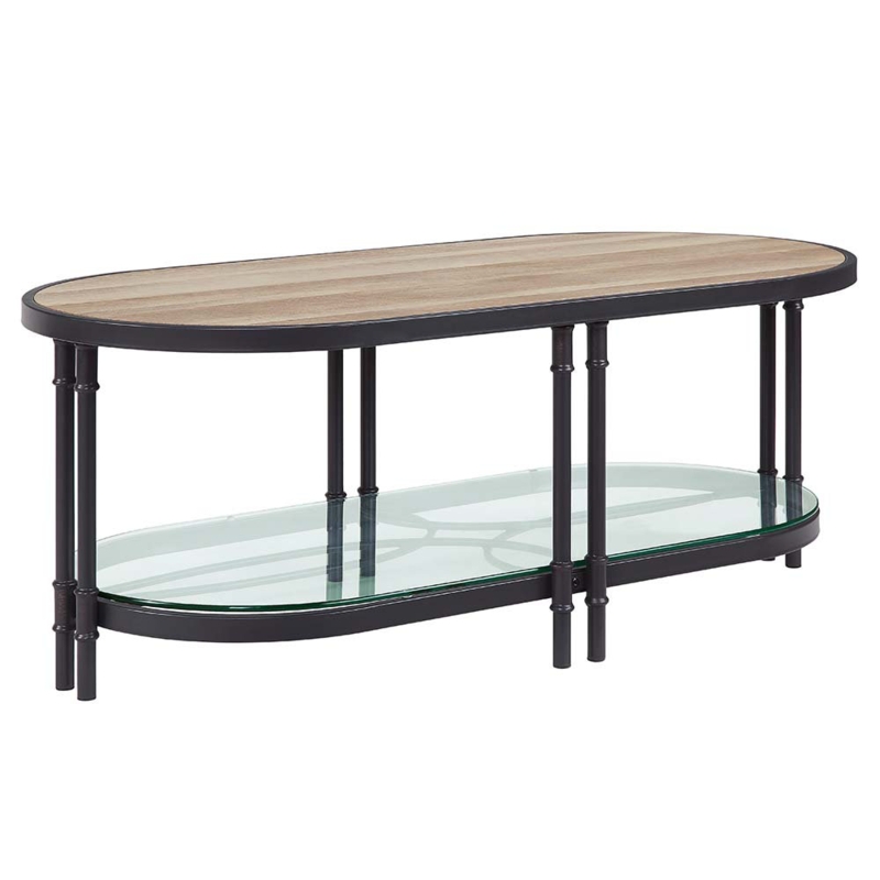 Pipe-Inspired Oval Coffee Table with Glass Shelf