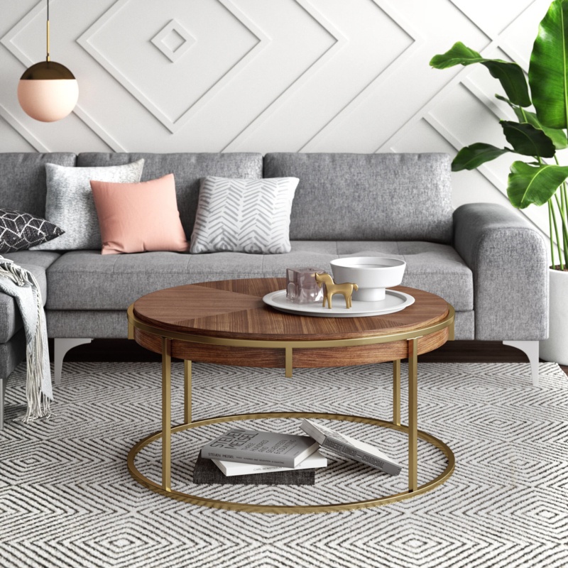 Circular Mid-Century Coffee Table with Gold Metal Base