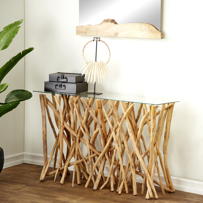 Contemporary Teak Wood and Glass Console Table