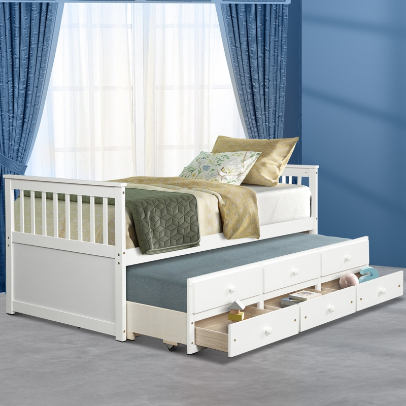 Solid Wood Bed Frame with Trundle and Storage