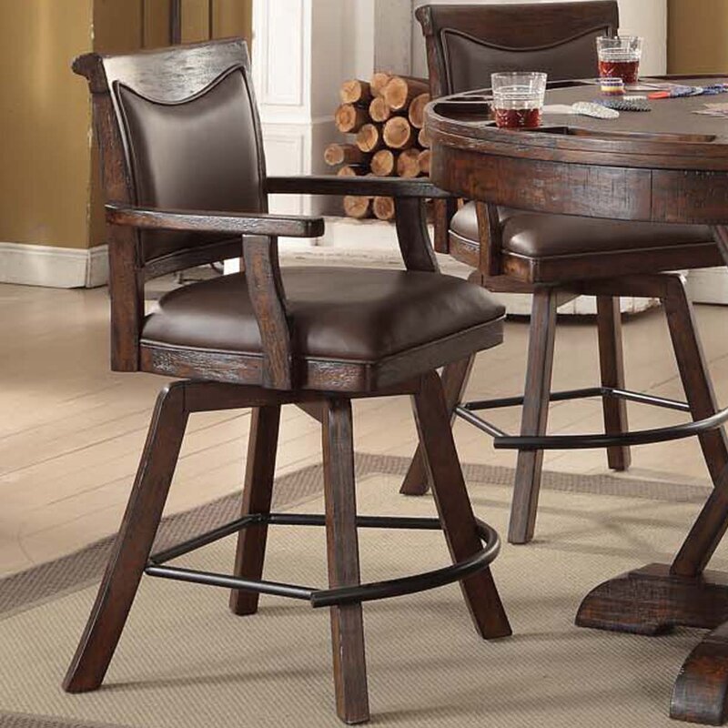 Solid wood swivel leather bar stool with armrests