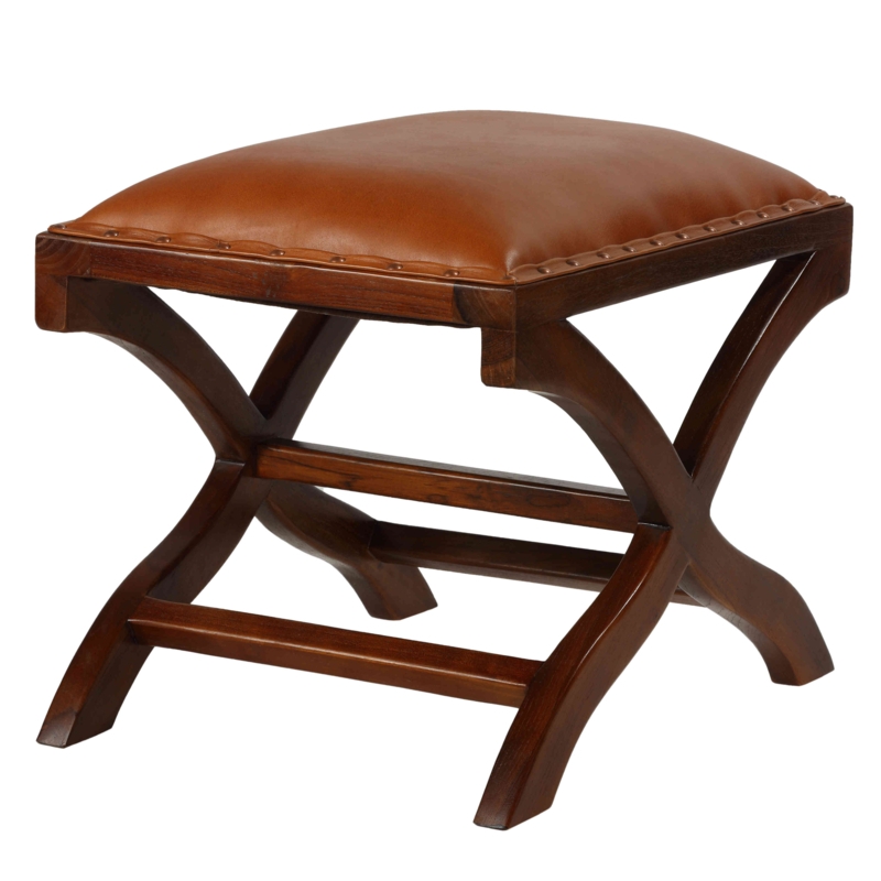 Teak Wood X Bench Ottoman with Genuine Leather Seat