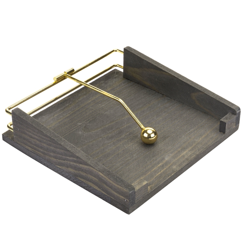 Vintage Gray Wood Napkin Holder with Brass Arm