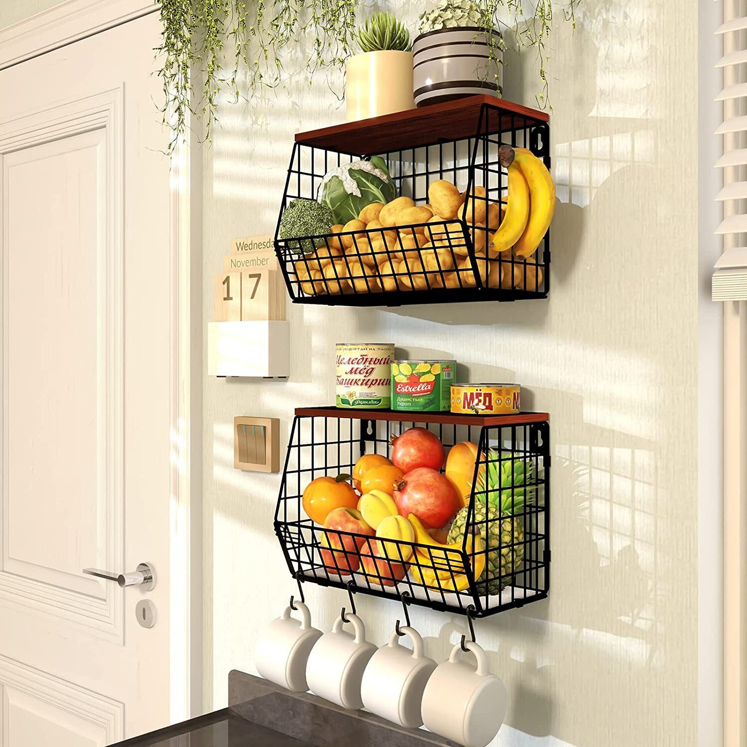 Stackable Wall Fruit Basket With Wooden Lid
