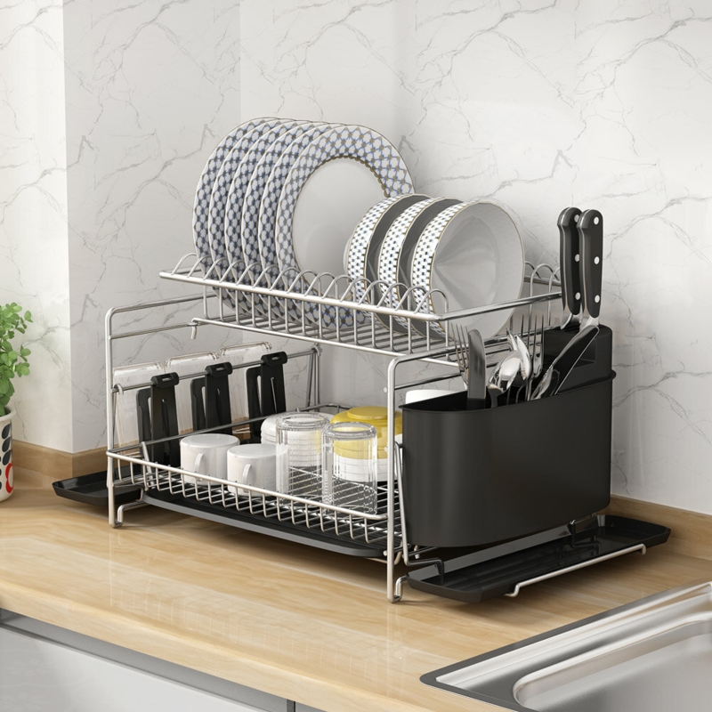Compact 2-Tier Dish Rack with Draining Trays