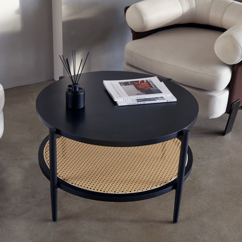 2-Tier Round Coffee and Side Table Set with Bamboo and Rattan Storage Shelf