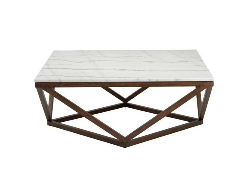 Geometric Wood Coffee Table with Faux Marble Top