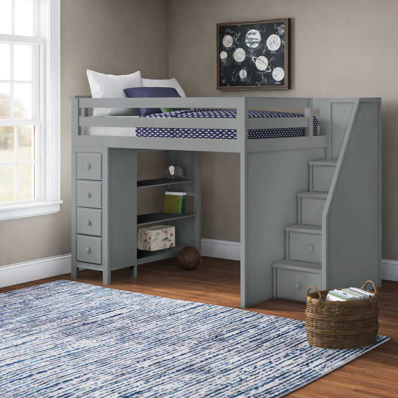 Stylish high loft bed with stairs and drawers