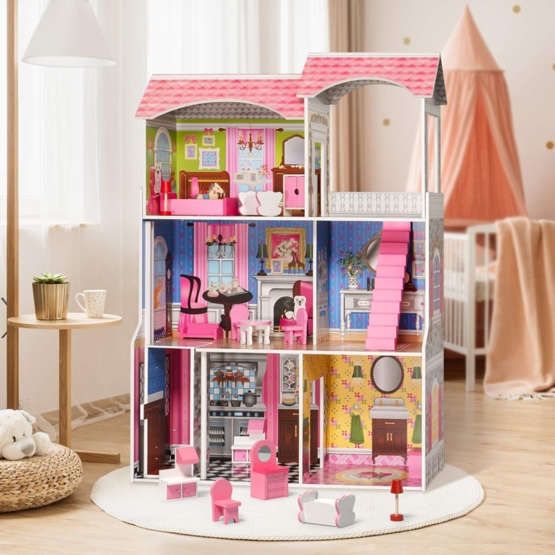 Multi-Level Wooden Dollhouse with Furniture