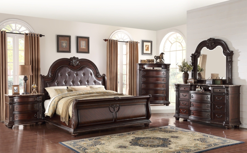 Cherry Brown Upholstered Sleigh Bedroom Set King 6 Piece