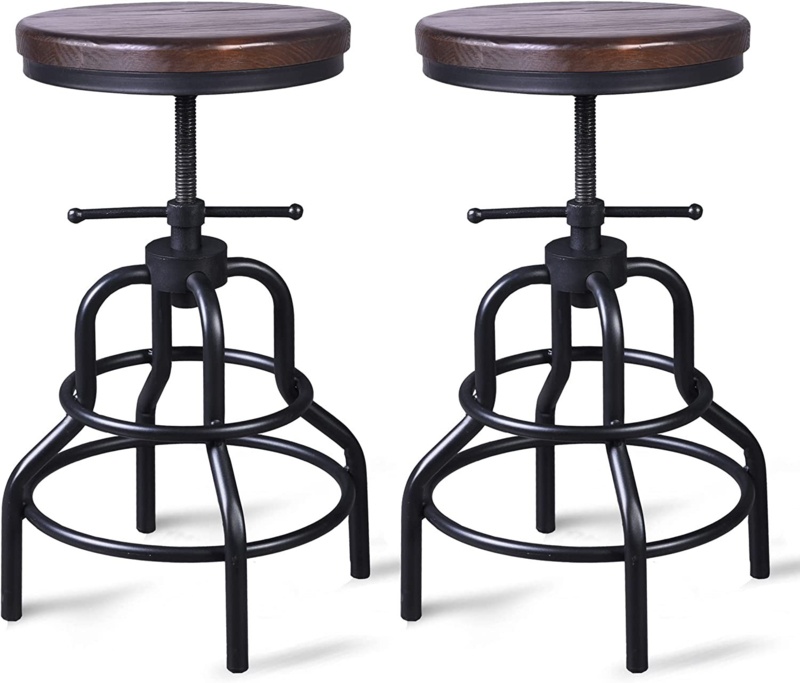 Swivel Bar Stool Industrial Coffee Kitchen Height Adjustable Wooden Seat, bar height 20" to 27"