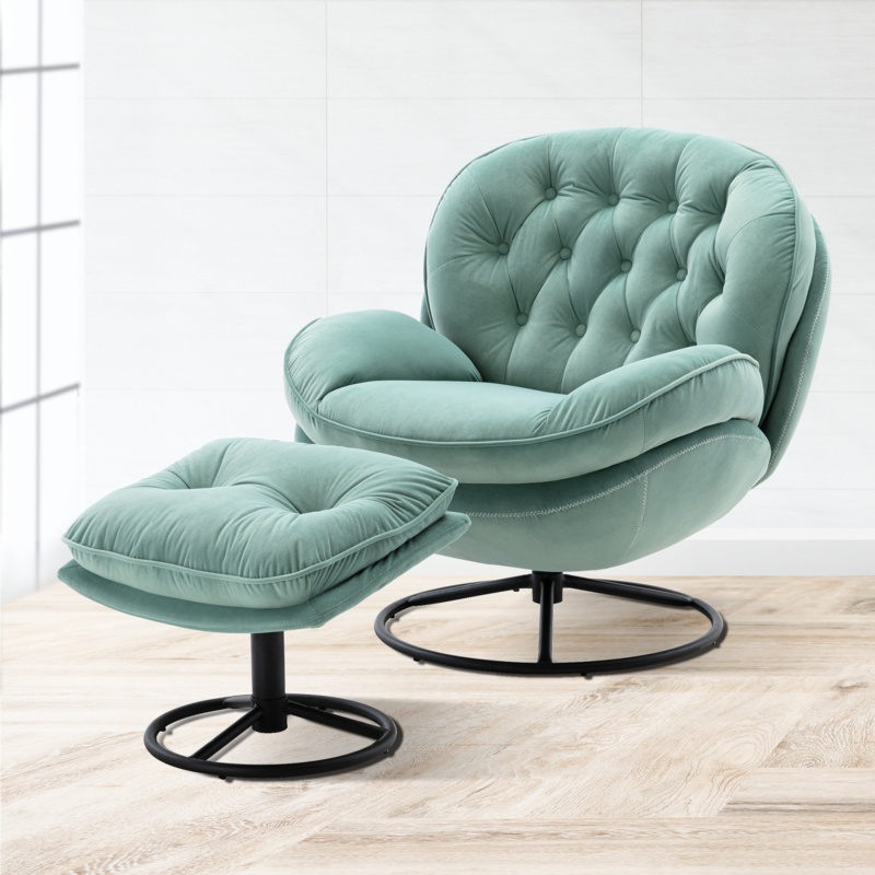 Swivel Velvet Upholstered Recliner Lounge Chair With Ottoman Footrest Modern Armchair Ergonomic Manual For Bedroom Living Room Reading Home Relax - Teal